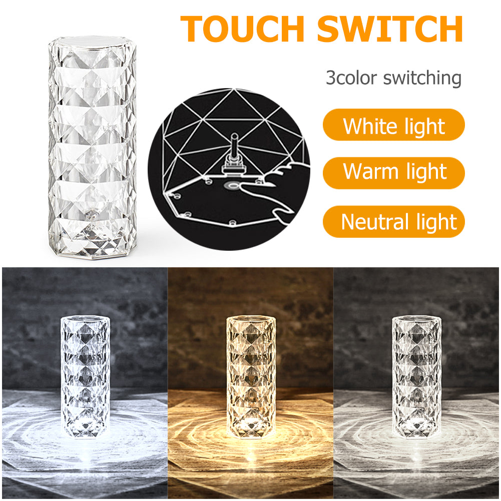 Crystal-like lamp with touch switch offers white, warm, and neutral lighting options.