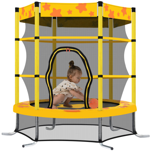 Child inside a yellow trampoline with star pattern and black netting, bending down to play.