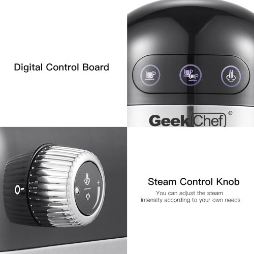 Digital control board with three buttons and a silver steam control knob labeled "Geek Chef."