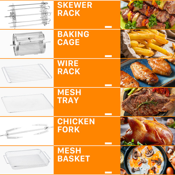 Kitchen accessories on an orange grid; skewer rack, baking cage, wire rack, mesh tray, chicken fork.