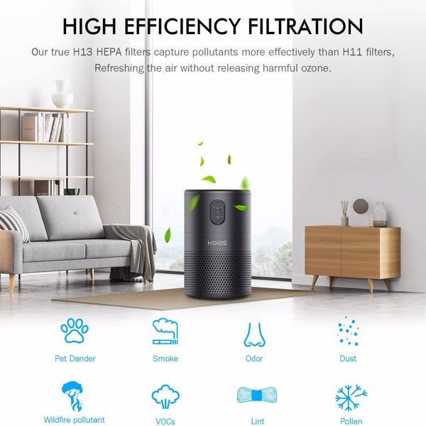 Air purifier in modern living room. Green leaves above, icons for pollutants filtered below.