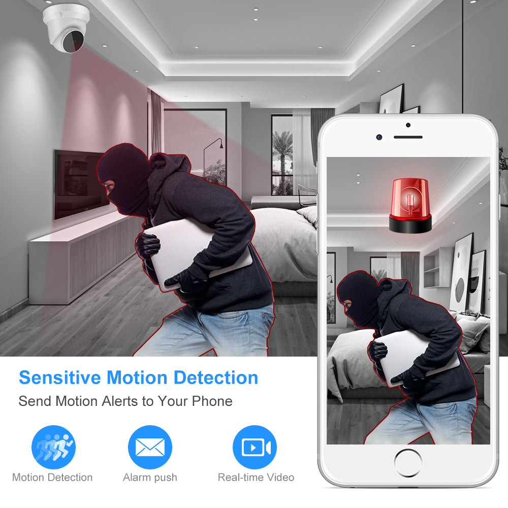 Burglar in dark room detected by camera, alert shown on smartphone; text on motion detection.