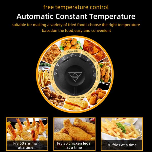 Dial with images of fried foods: shrimp, chicken, fries. Text on temperature control versatility.