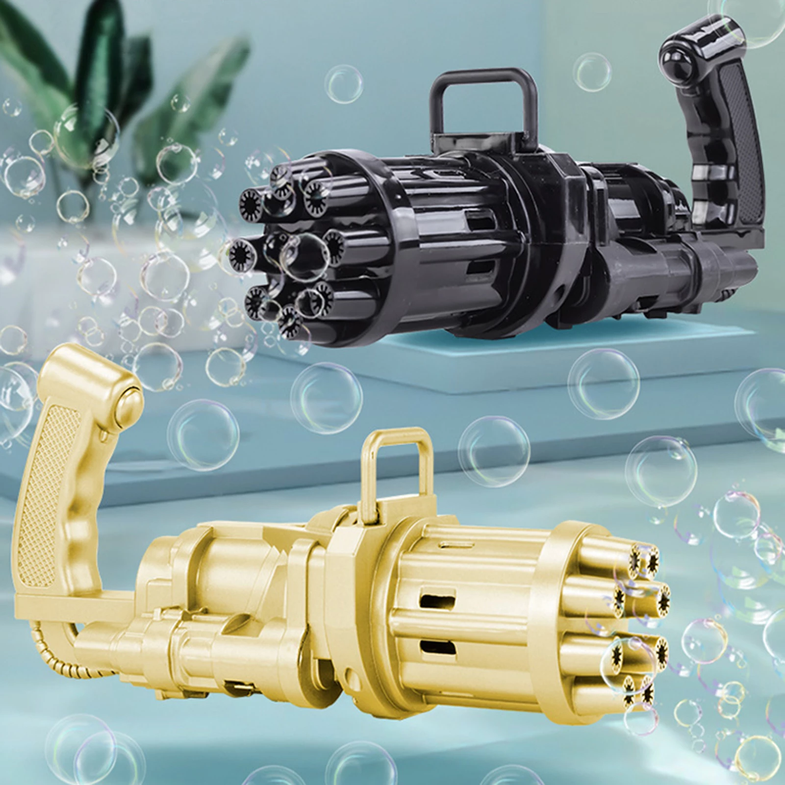 Gold and black bubble guns with rotating barrels, surrounded by floating bubbles.