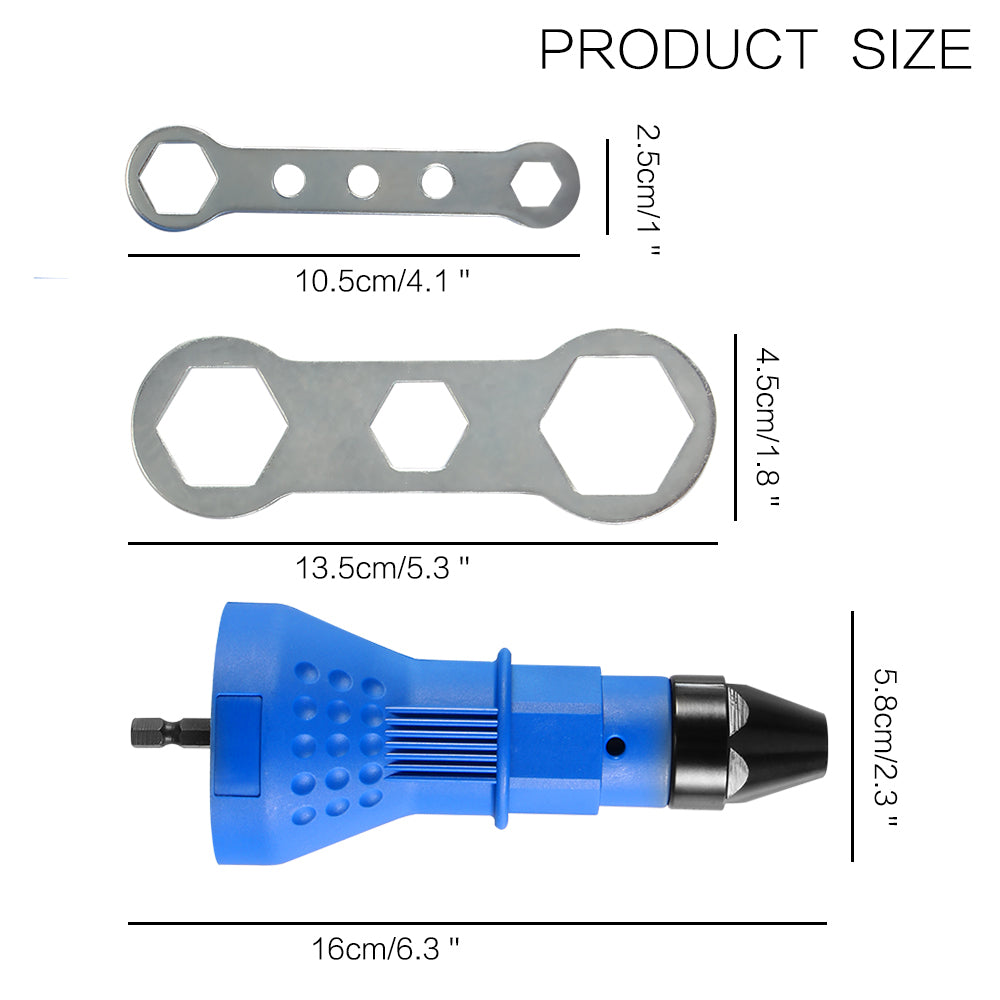 Blue tool with two metal wrenches, sizes labeled; hexagonal ends, textured handle.