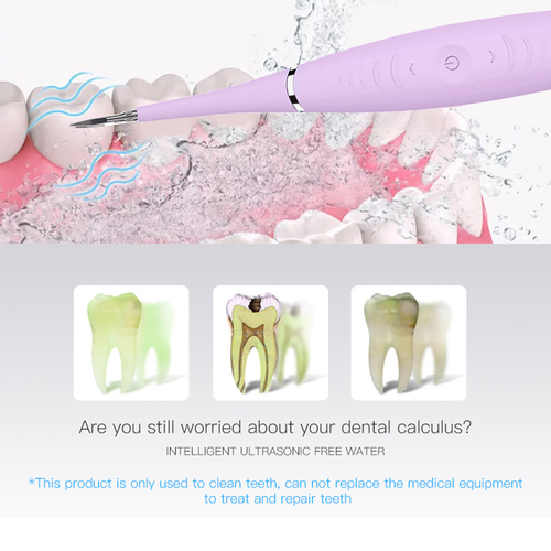A purple dental tool cleans teeth with water waves; graphic shows tooth cleaning stages.