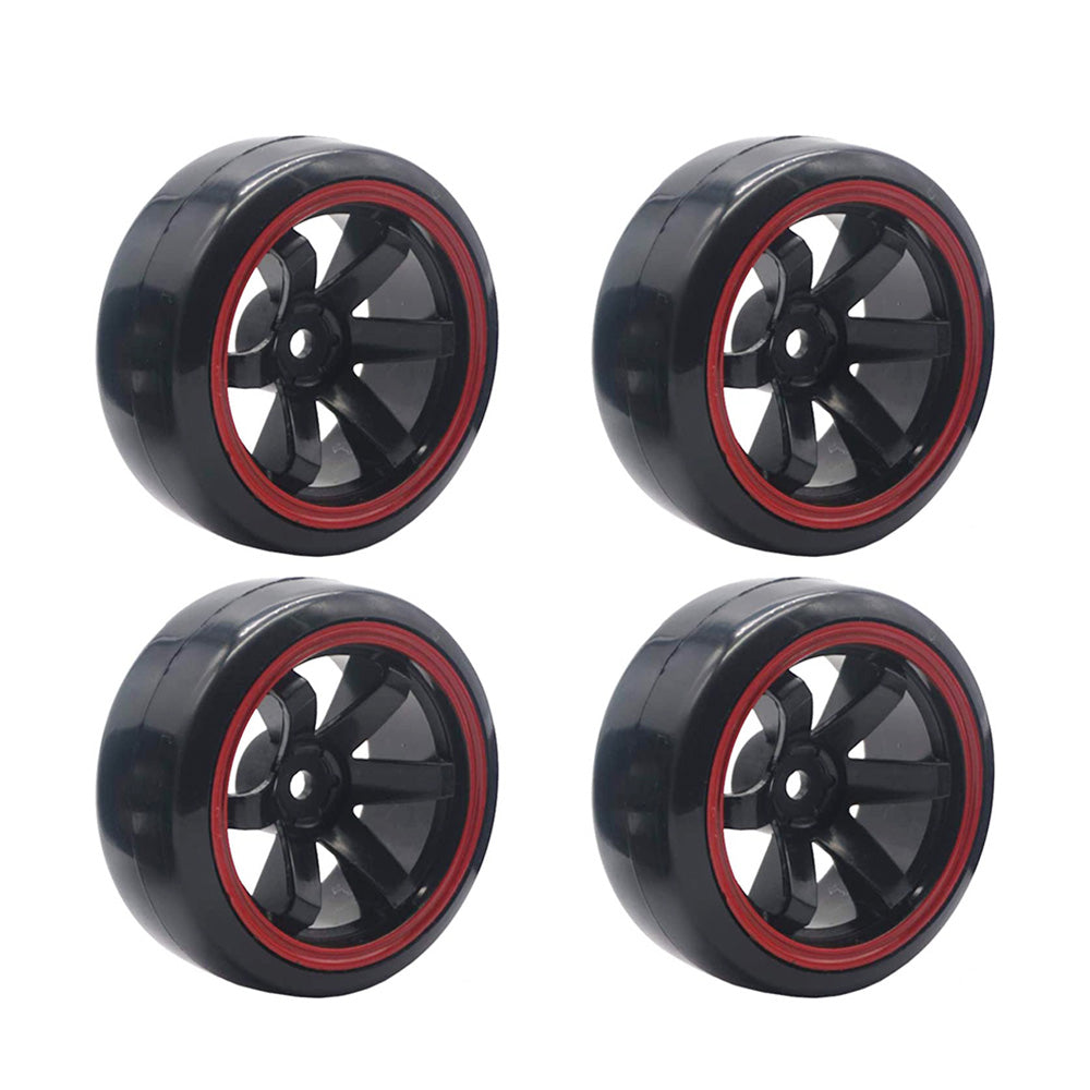 Four black wheels with red rims, each featuring five spokes, arranged in two rows.