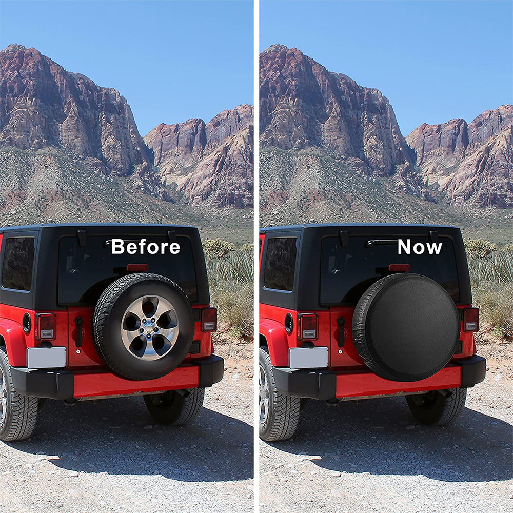 Red Jeep against mountains, split view: uncovered spare tire labeled "Before," covered tire labeled "Now."
