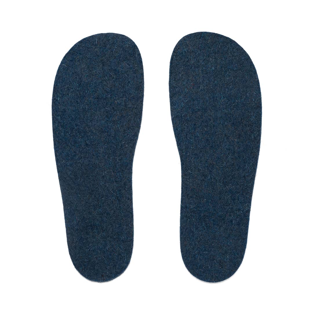 Dark blue felt insoles with a textured surface, shown on a white background, side by side.