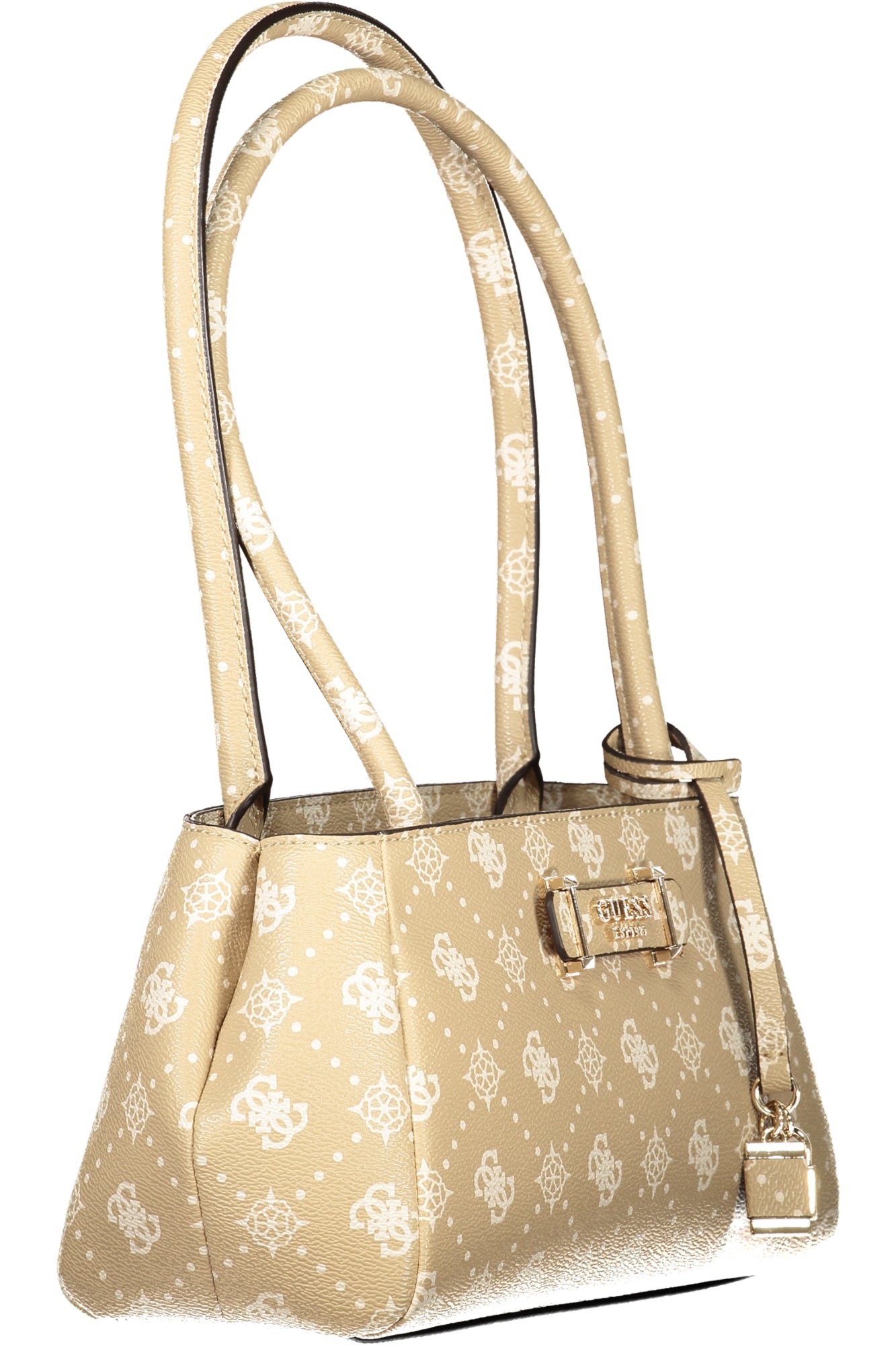 Beige handbag with white pattern, long handles, and metallic logo plaque on the front.