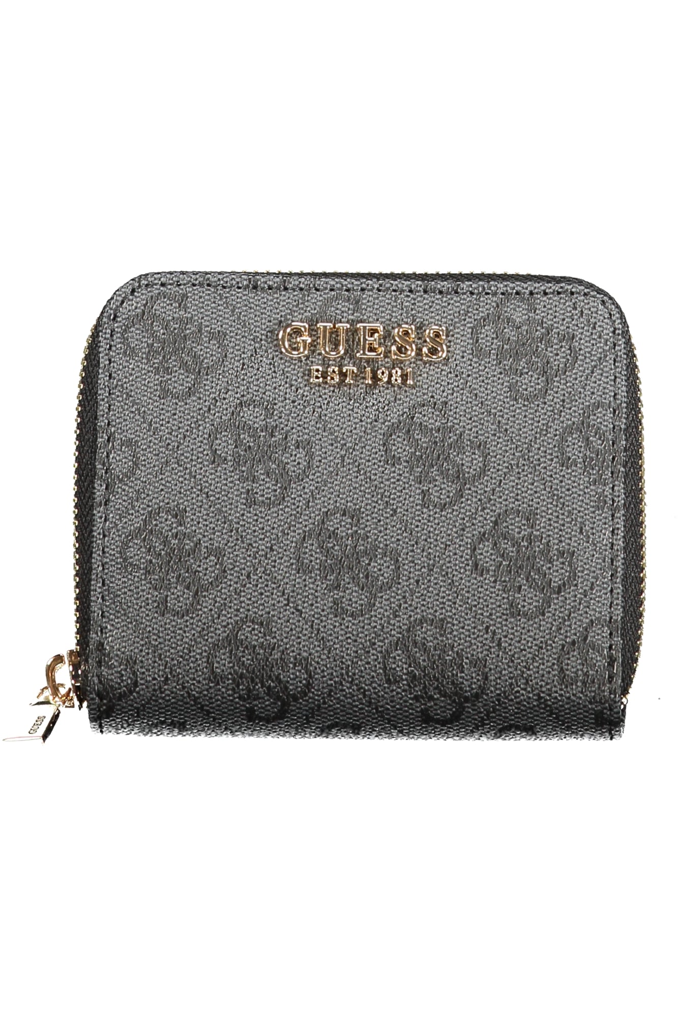 Gray textured wallet with gold "Guess" logo and zipper, featuring subtle emblem pattern.
