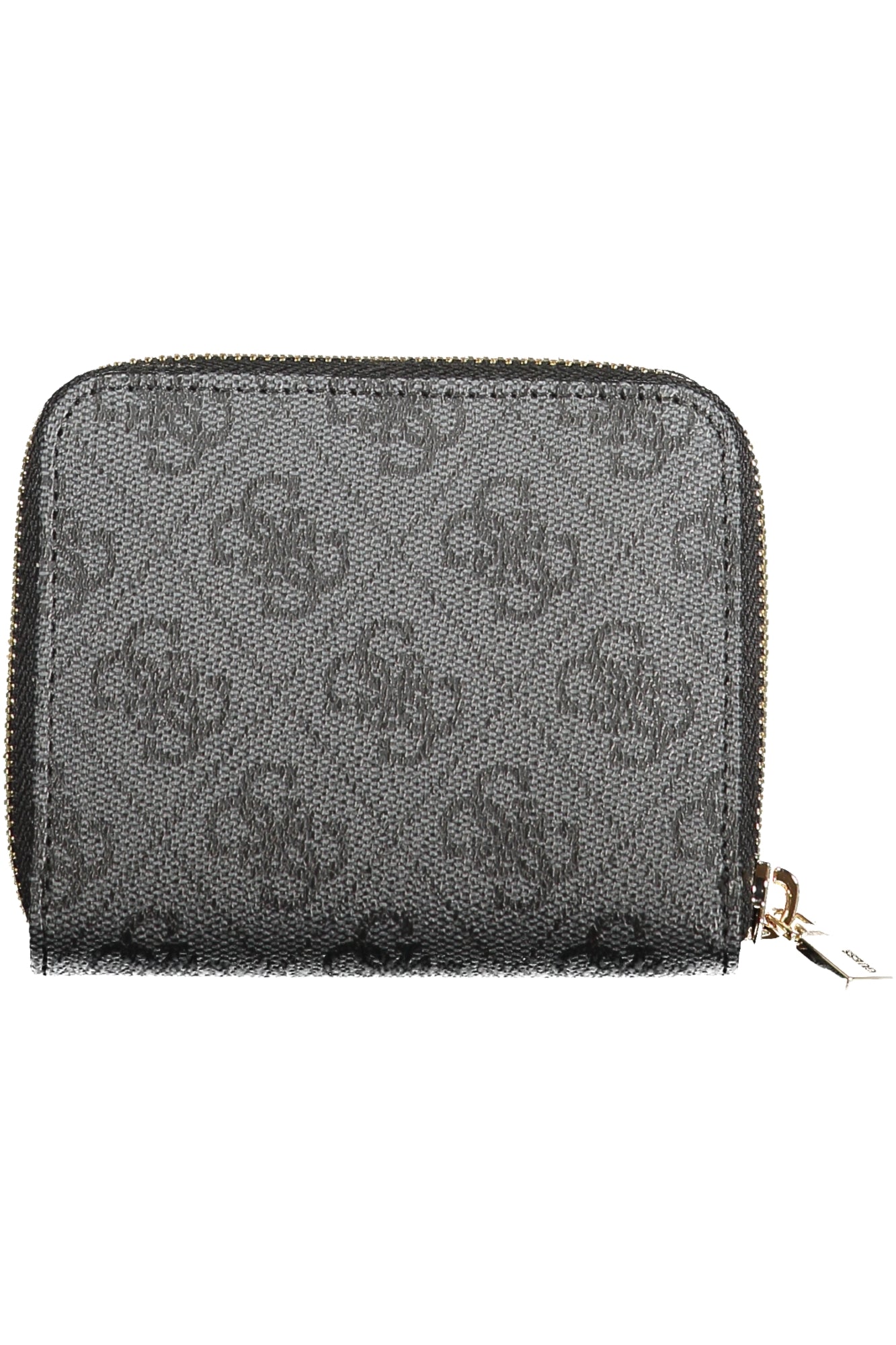 Gray zippered wallet with a subtle embossed pattern and gold zipper accents.