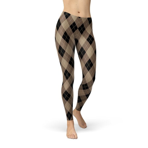 Argyle pattern leggings in black, brown, and beige. Visible from waist to ankle, on a white background.