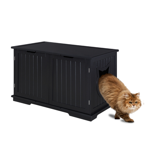 Black cabinet with cat-shaped entry hole, and a brown fluffy cat partially exiting.
