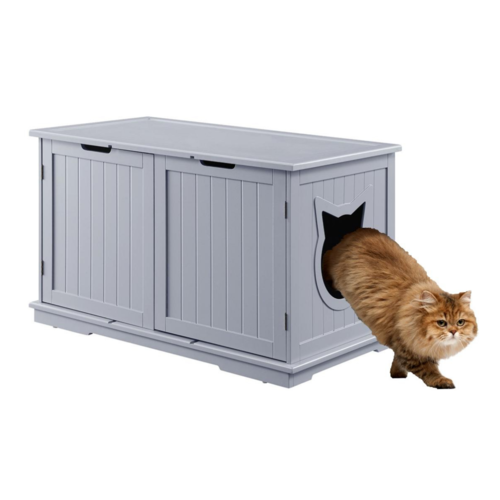 Gray wooden box with side cat entrance; an orange cat is halfway out.