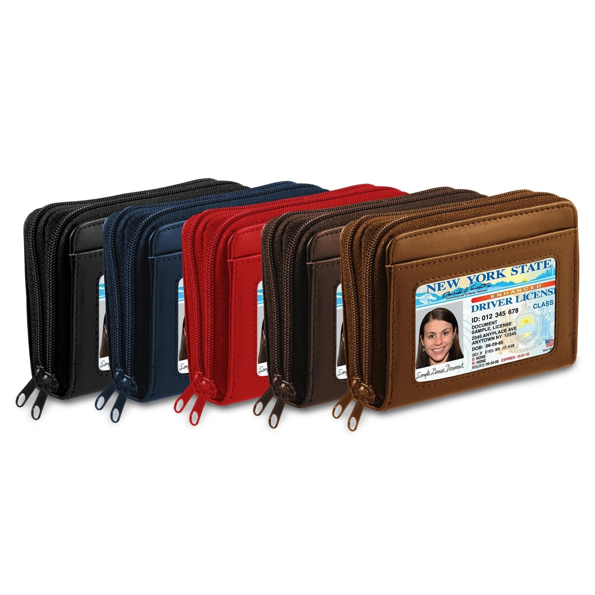 Five zippered wallets in black, blue, red, brown, and tan, each displaying an ID in a window.