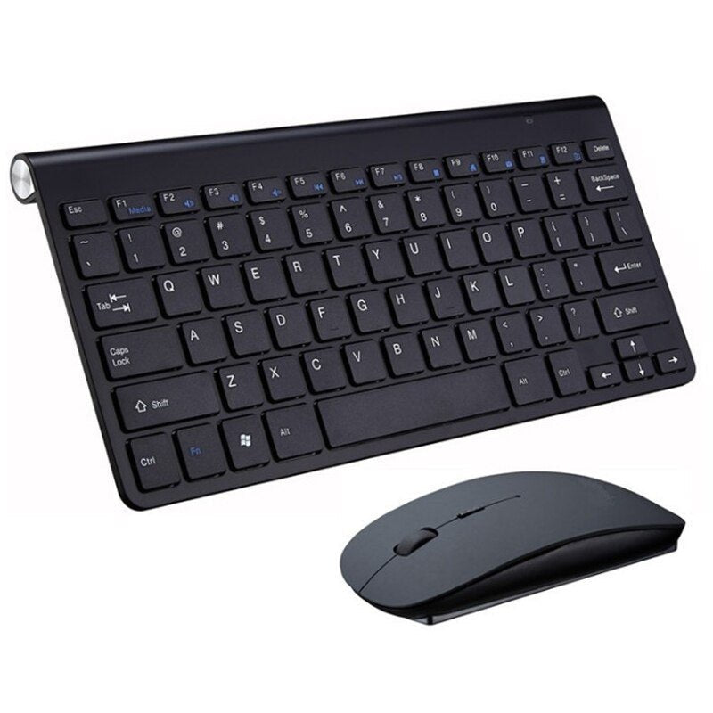 A black wireless keyboard with rounded keys and a matching sleek mouse on a white background.