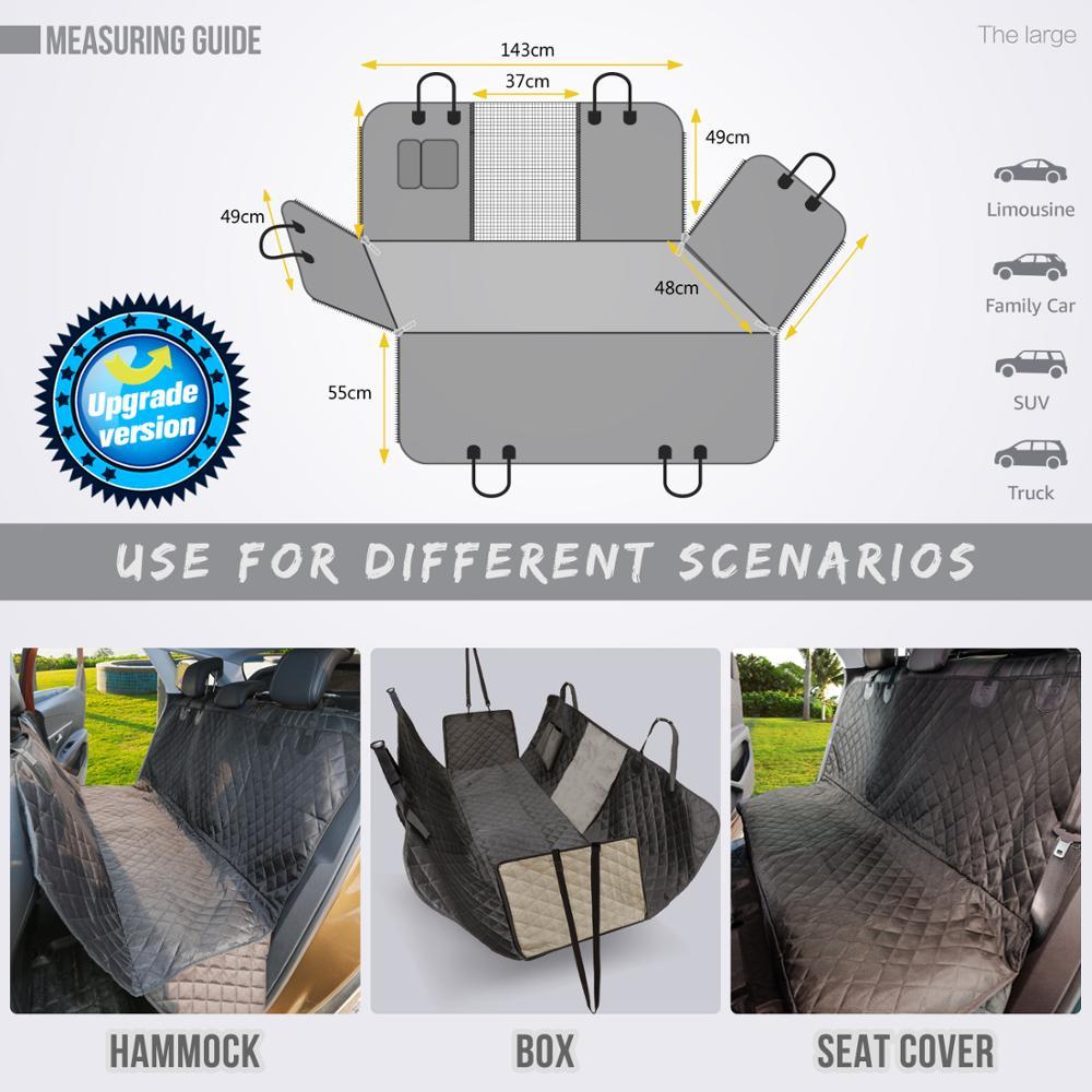 Diagram of a gray quilted car seat cover with dimensions and various usage scenarios shown.