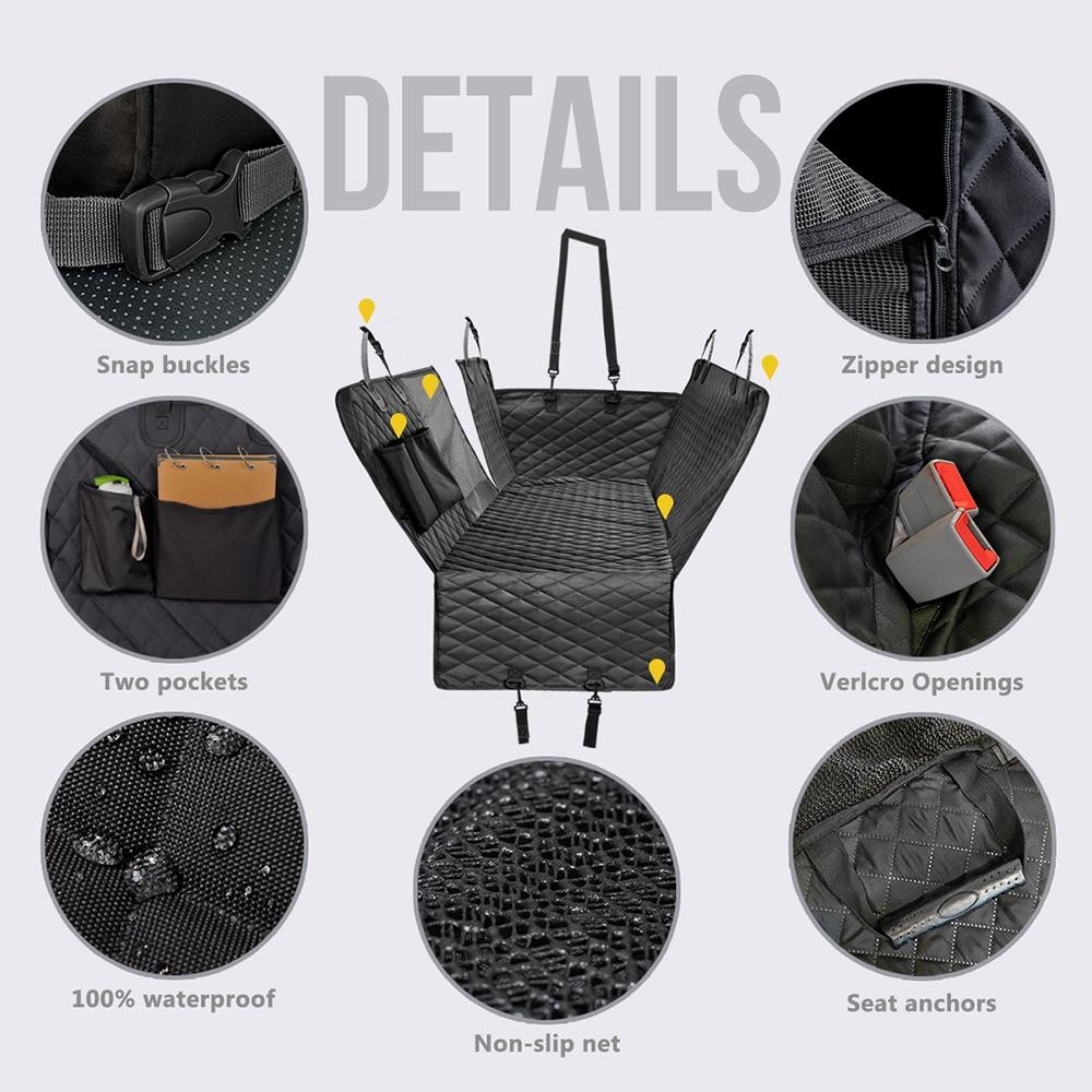 Black quilted car seat cover with snap buckles, pockets, waterproof, non-slip net, and seat anchors.