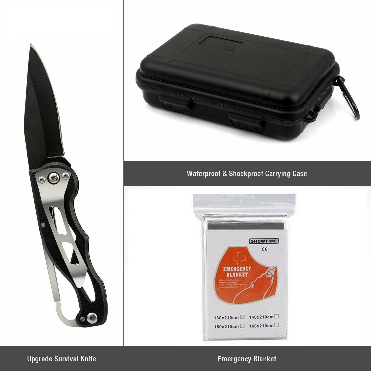 Survival kit with a folding knife, black waterproof case, and an emergency blanket in packaging.