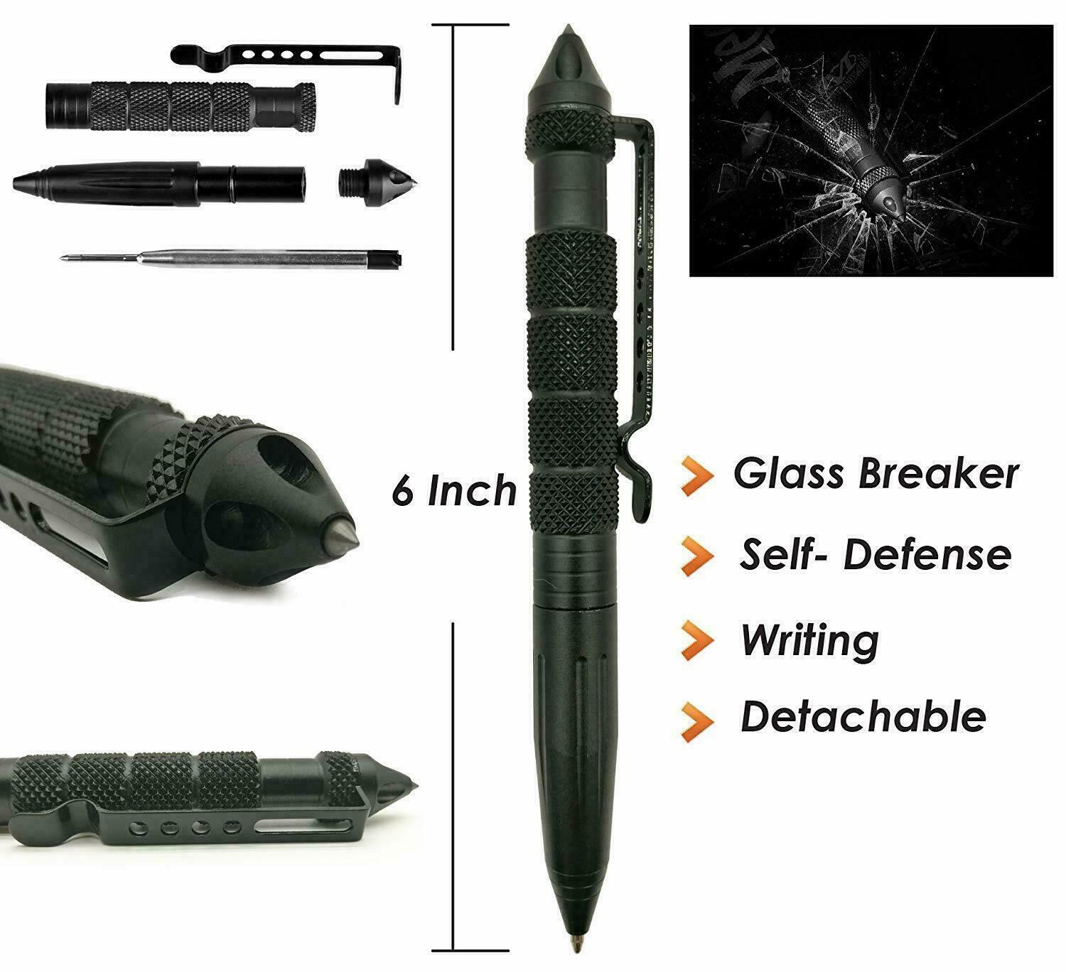 Black tactical pen with knurled grip, clip, glass breaker tip, and writing feature; 6 inches long.