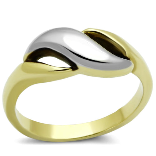 Gold ring with a sleek, abstract silver teardrop design entwined with the band.