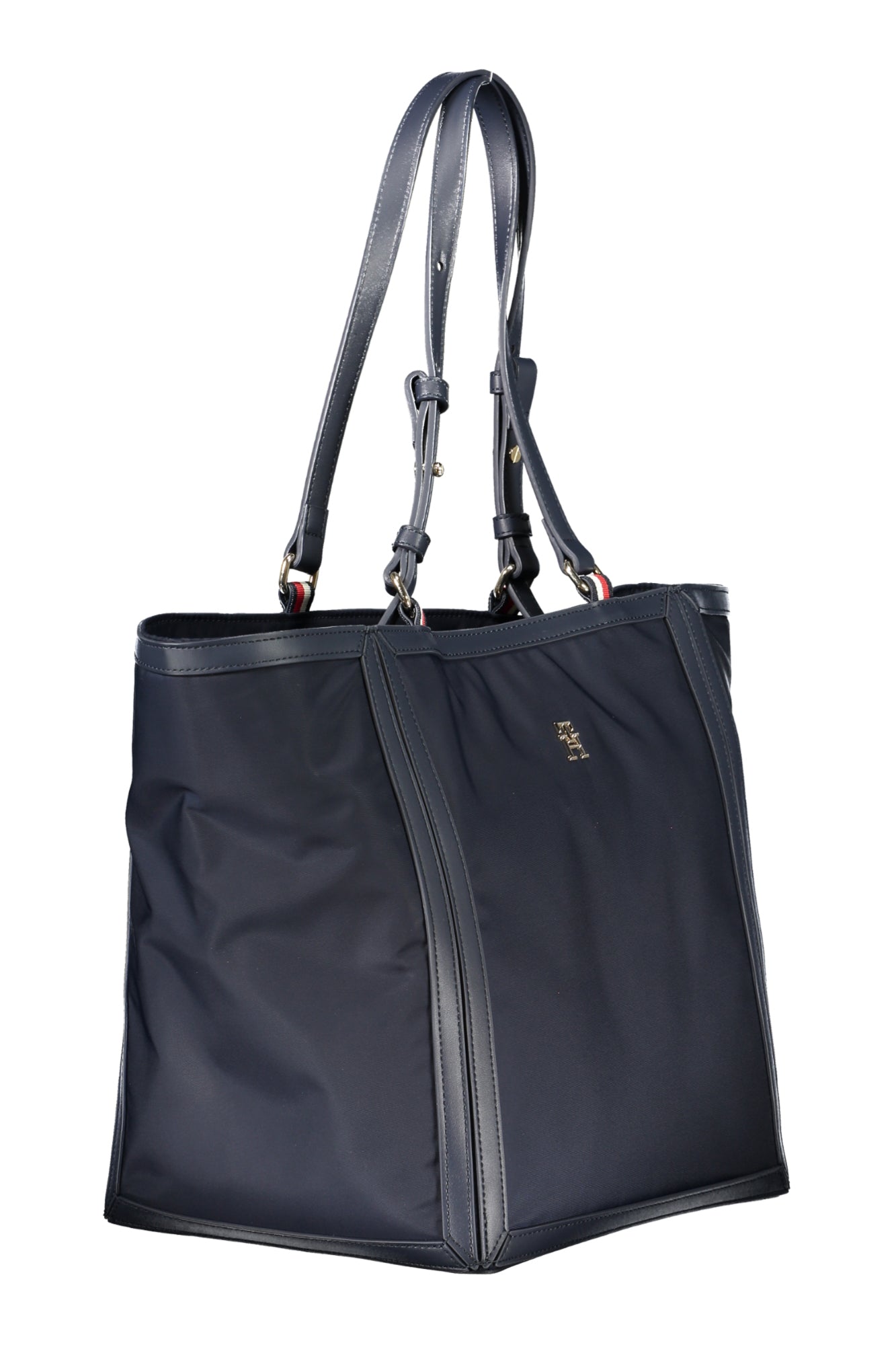 Dark blue tote bag with leather straps and gold logo detailing on the side.