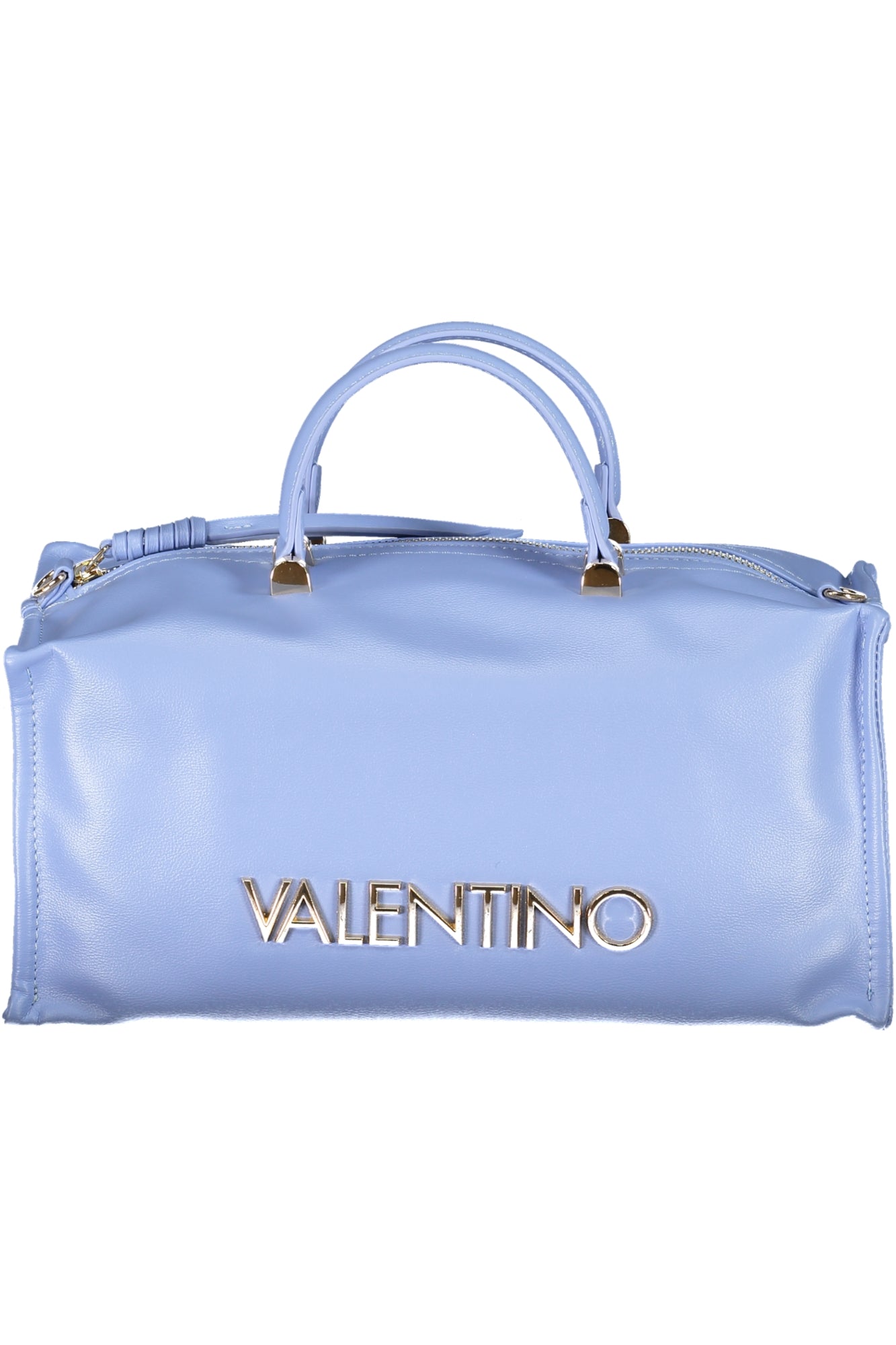 Light blue handbag with gold "Valentino" text and handles; shiny and rectangular.
