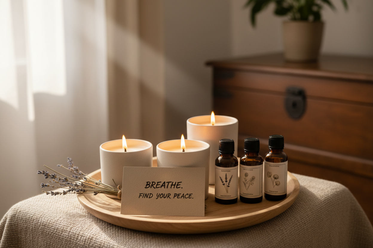 Lit candles and essential oils on a wooden tray with a card saying "Breathe. Find your peace."