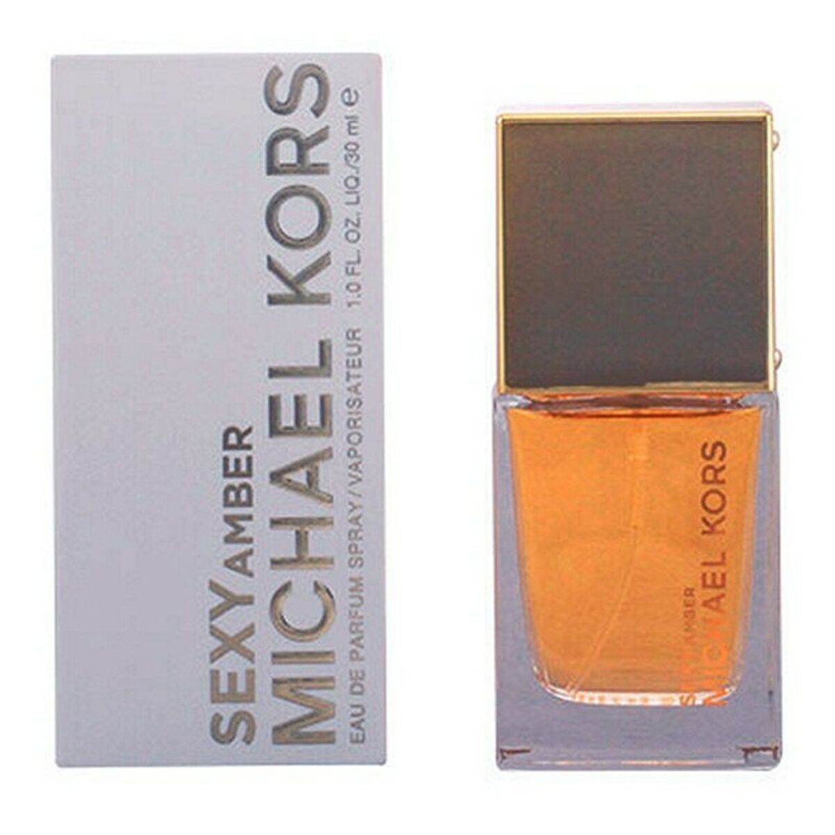Perfume bottle with amber liquid, gold cap, and matching box with silver text.