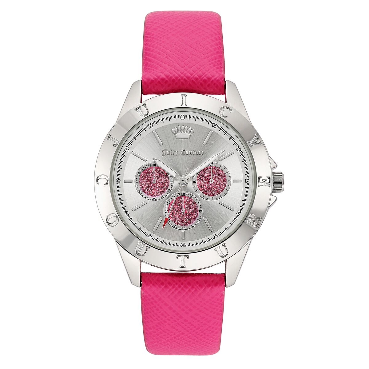 Silver watch with pink glitter dials and a bold pink textured strap.