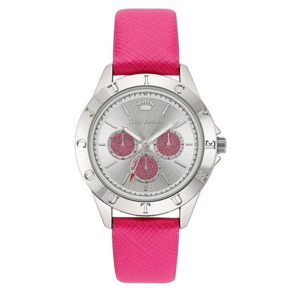 Silver watch with pink glitter dials and a bold pink textured strap.