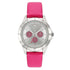 Silver watch with pink glitter dials and a bold pink textured strap.