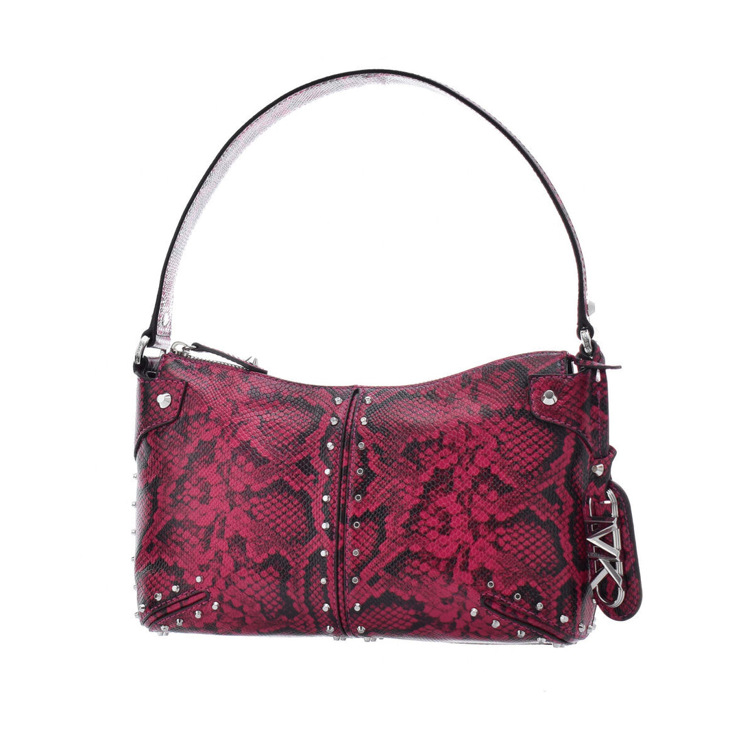 Red snakeskin-patterned handbag with silver studs and a single strap.