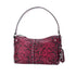 Red snakeskin-patterned handbag with silver studs and a single strap.