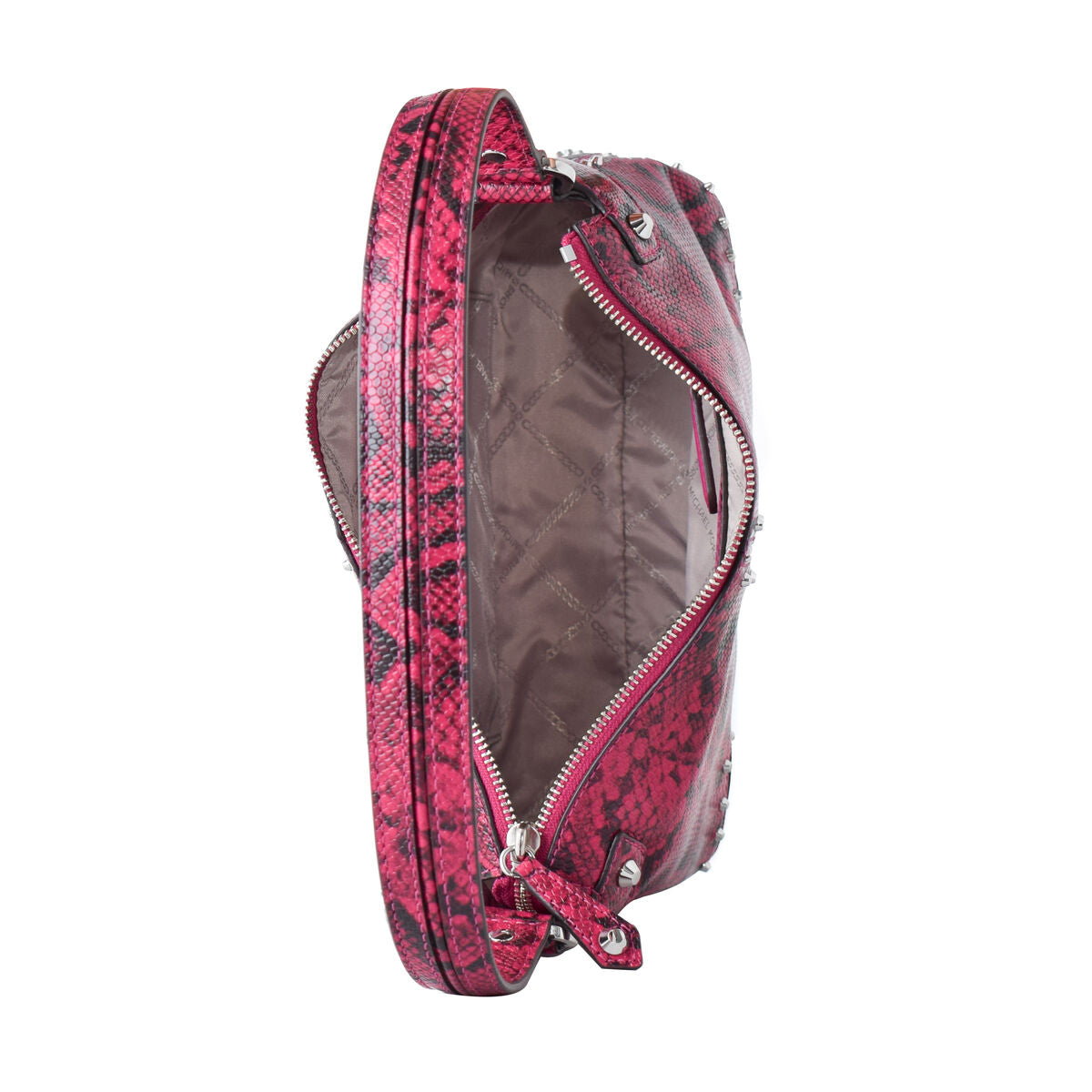 Open red snake-patterned handbag with a silver zipper and beige quilted interior.