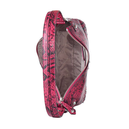 Open red snake-patterned handbag with a silver zipper and beige quilted interior.