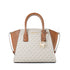A beige and brown handbag with "MK" pattern, gold accents, and round logo charm.