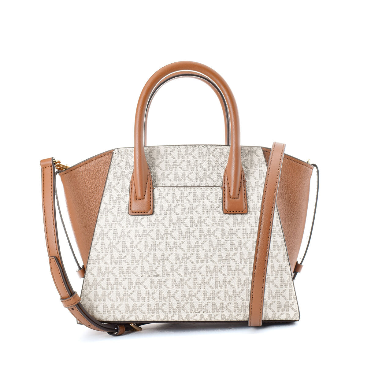 Beige handbag with brown leather accents, monogram pattern, short handles, and a long strap.