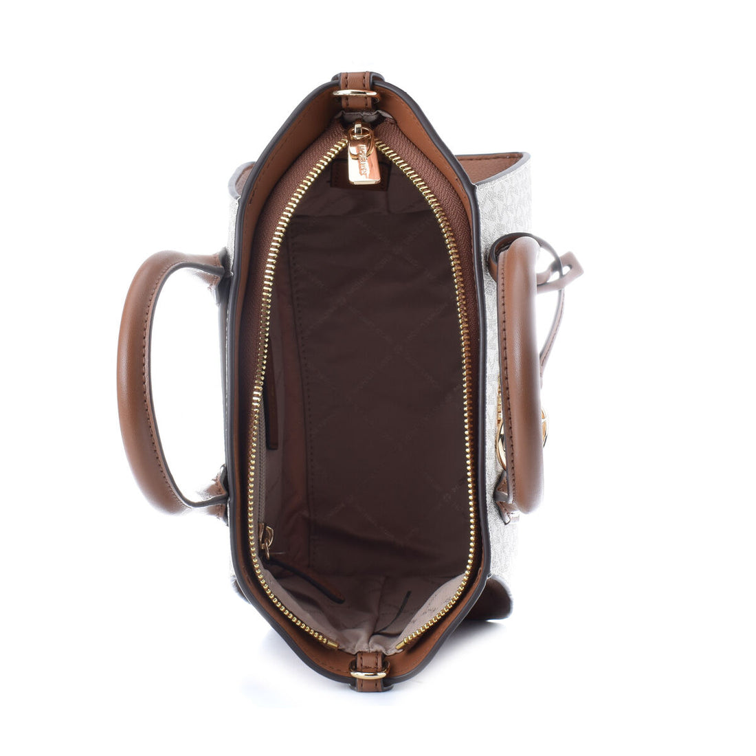 Open brown handbag with gold zipper, patterned exterior, and two handles.