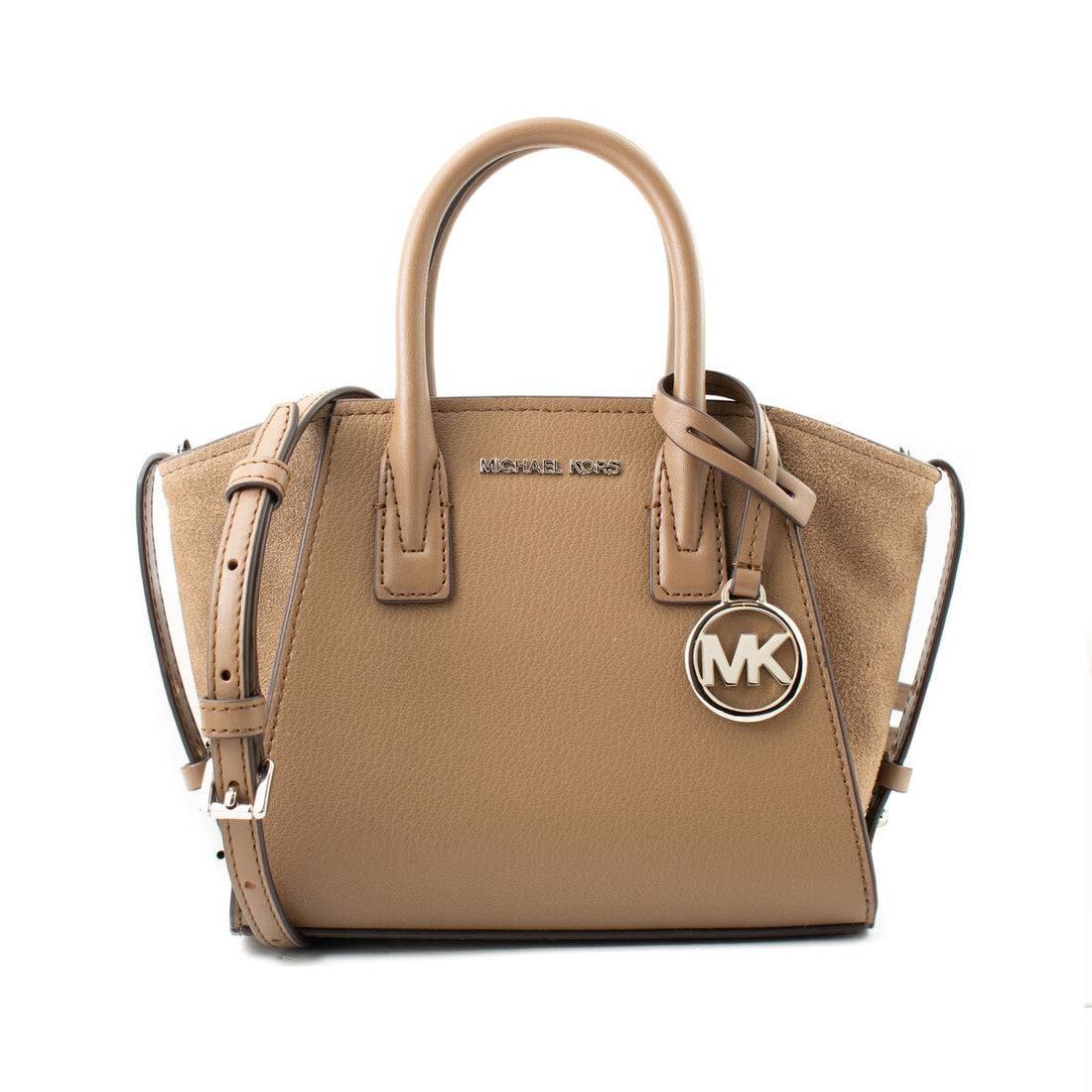 Tan leather handbag with dual handles, detachable strap, and metallic logo charm.
