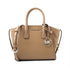 Tan leather handbag with dual handles, detachable strap, and metallic logo charm.