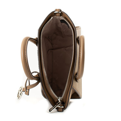 Beige handbag with open top zip, brown interior, and metal keychain on handle.