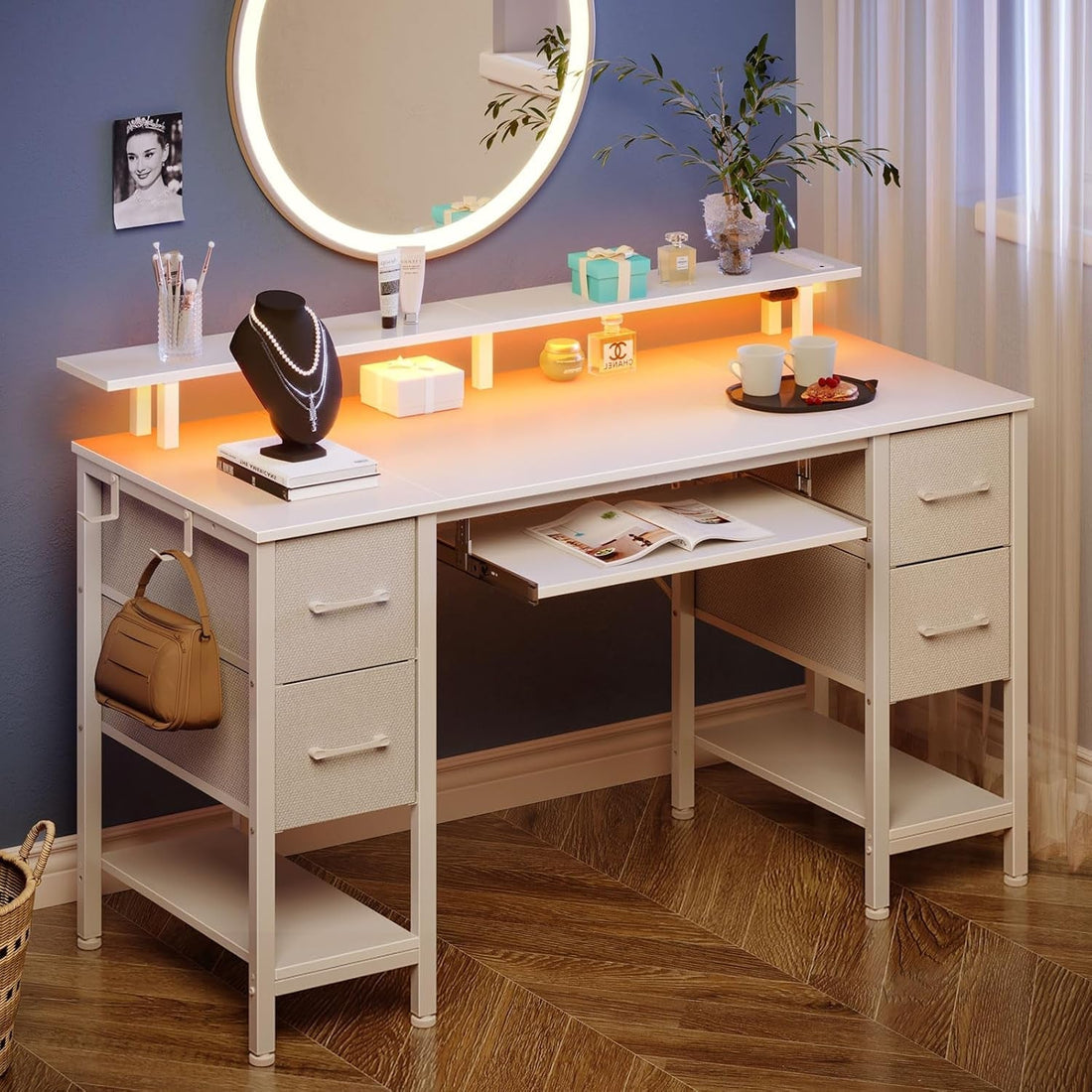 47.2 Inch White LED Desk With Power Outlets And Drawers-1