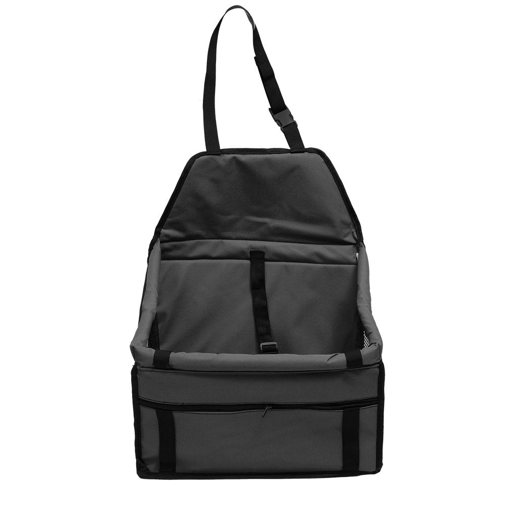 Gray car seat pet booster with black straps, a front pocket, and adjustable headrest strap.