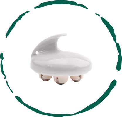 White handheld massager with three beige rollers, curved top handle, and hole for hanging.