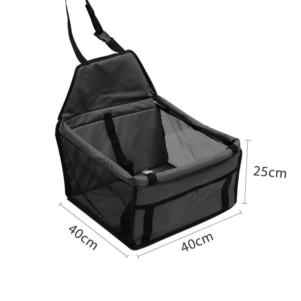 Black pet car seat with mesh sides, straps, and dimensions: 40x40x25 cm.