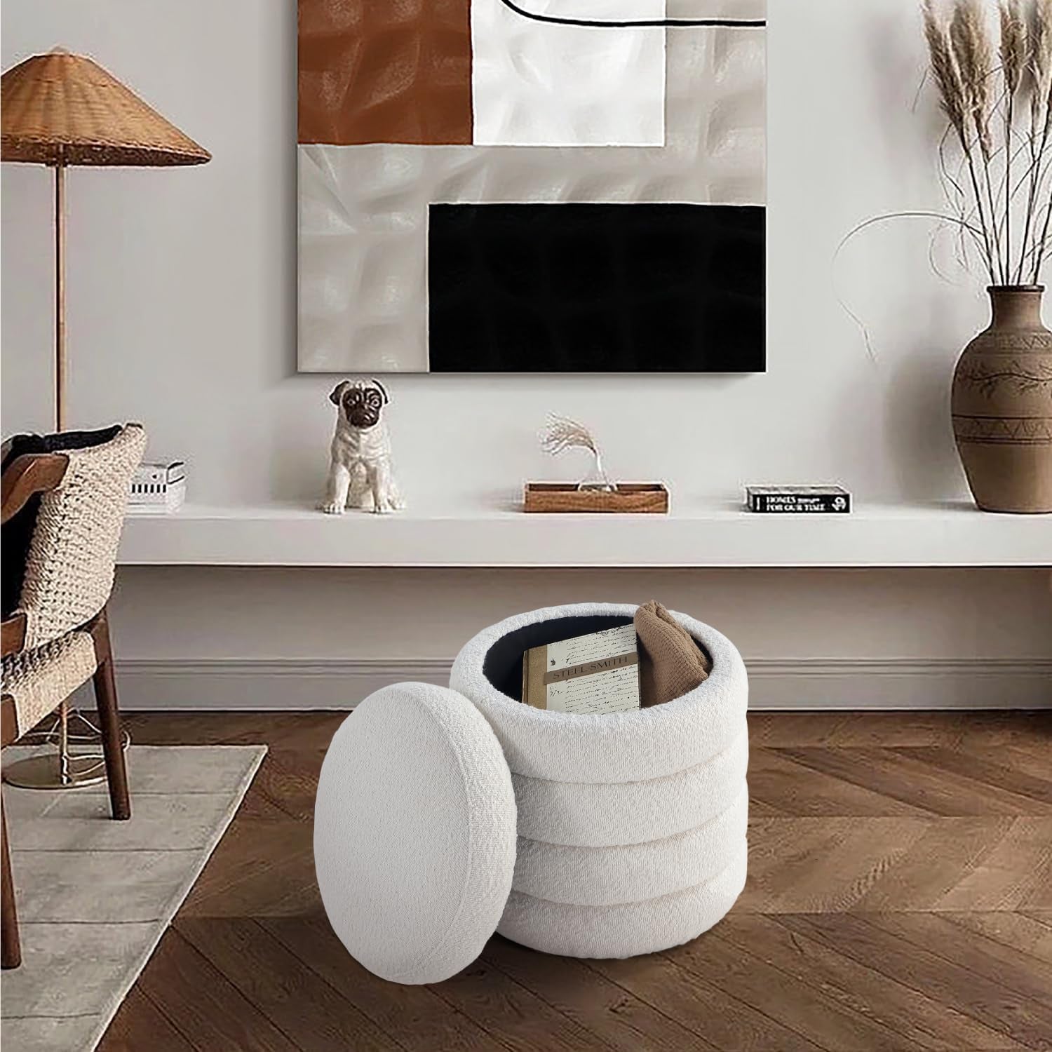 Round Ottoman With Hidden Storage And Cushioned Top-4