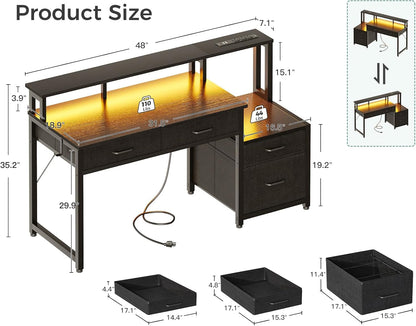 48-Inch Black Gaming Desk With LED Lights And Power Outlets-2