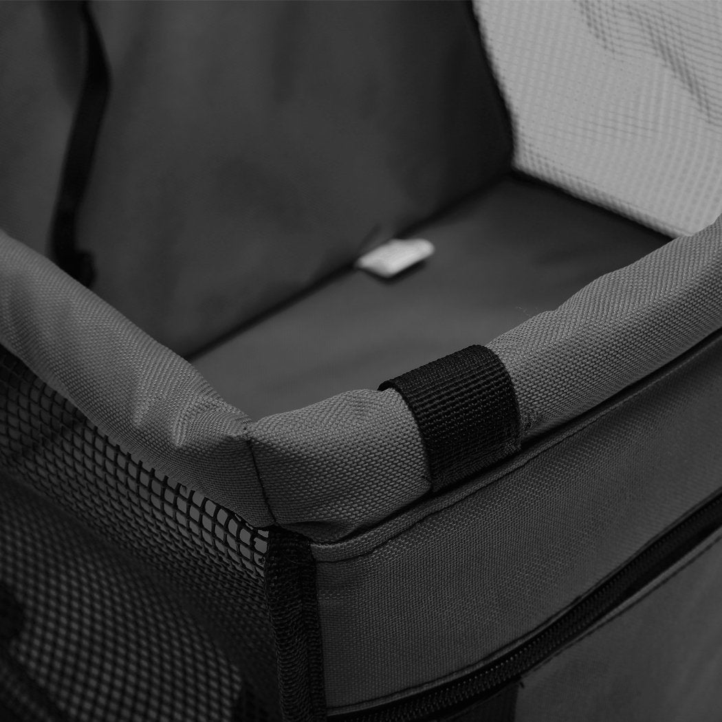 Gray fabric box with black mesh sides and textured interior lining.